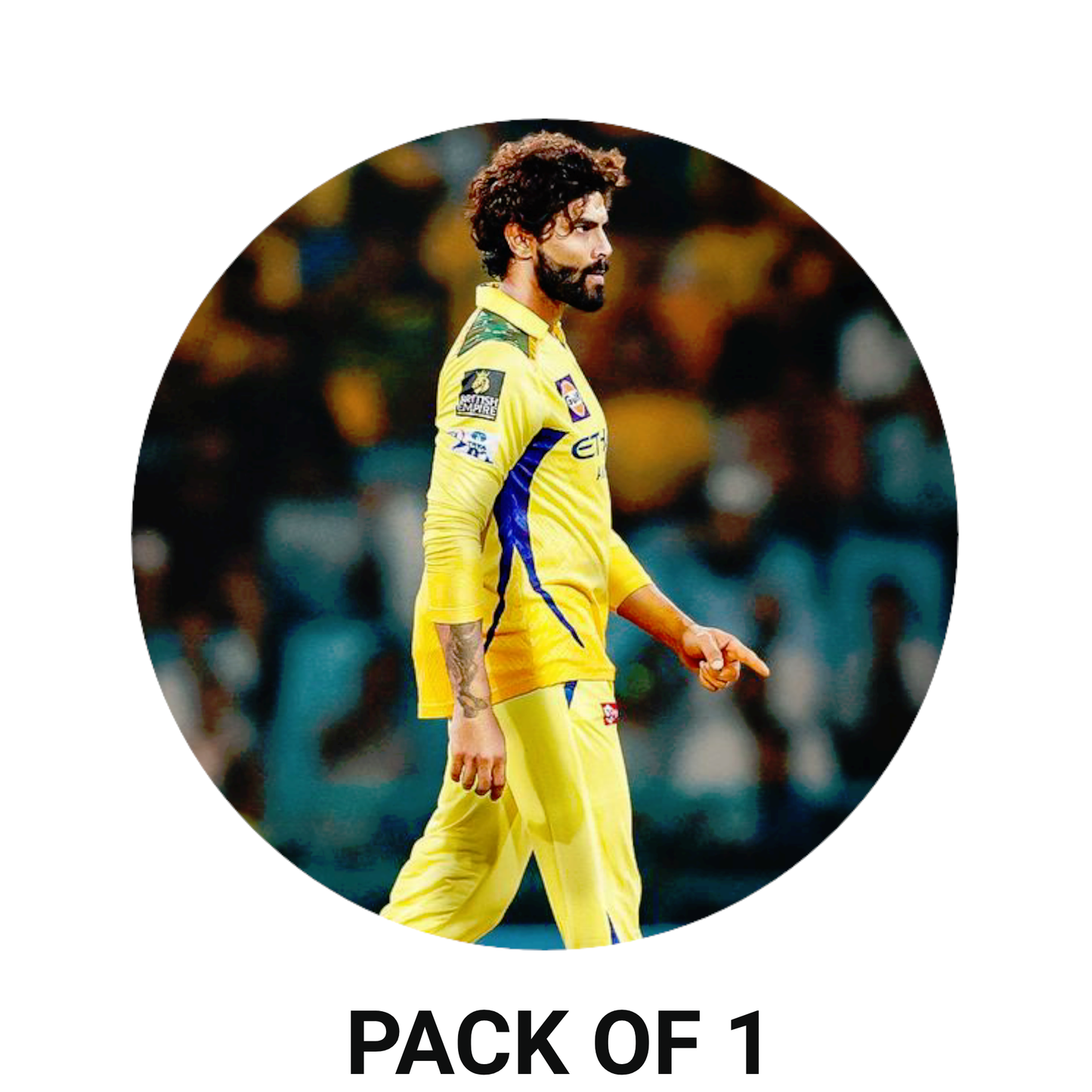 Smeeps Ravindra Jadeja CSK Sticker – 10.16 × 10.16 cm (4 × 4 Inch) Round Car & Bike Vinyl Decal | Chennai Super Kings All-Rounder Design | Waterproof UV Resistant