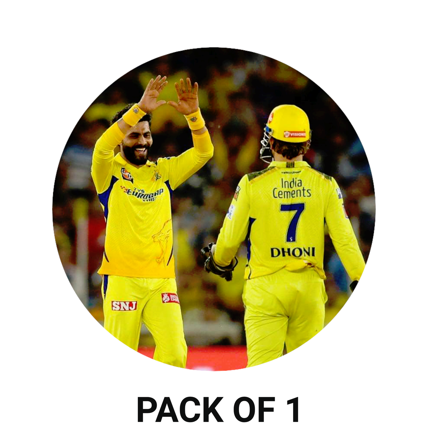 Smeeps Ravindra Jadeja & MS Dhoni CSK Sticker – 10.16 × 10.16 cm Round Car & Bike Vinyl Decal | Chennai Super Kings Duo Celebration Design | Waterproof UV Resistant