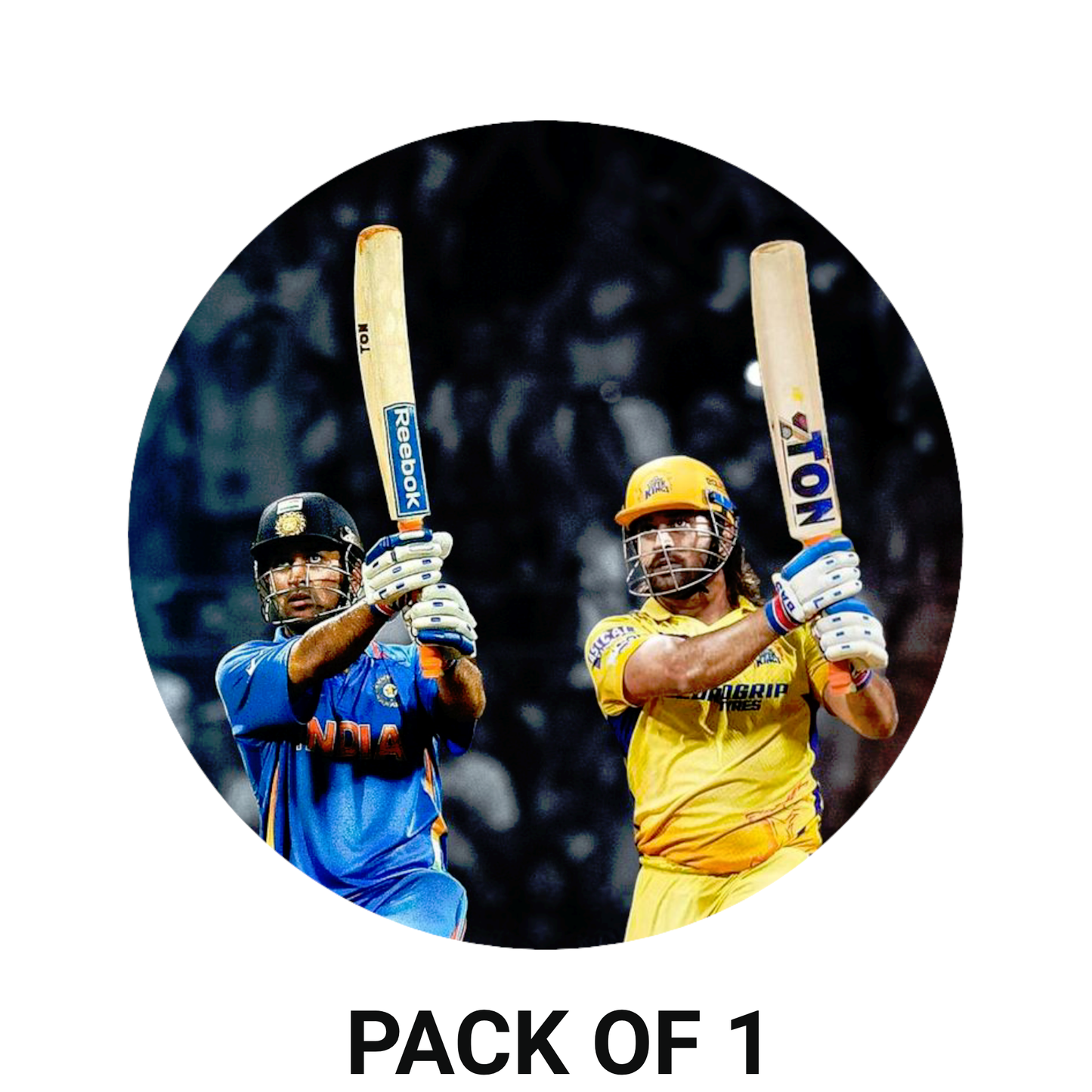 Smeeps MS Dhoni & Sachin Tendulkar Cricket Legends Sticker – 10.16 × 10.16 cm (4 × 4 Inch) Round Car & Bike Vinyl Decal | Iconic Bat Raise Celebration Design | Waterproof UV Resistant