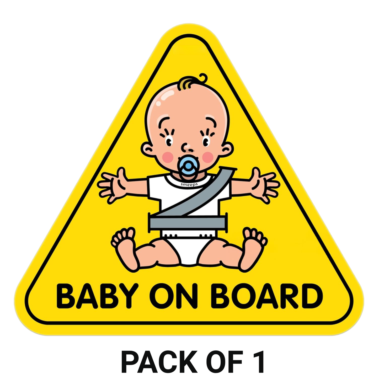 Smeeps Baby on Board Car Sticker, 13.57 x 12.07 cm Triangle, Bright Yellow Safety Decal with Cartoon Baby – Waterproof & Weatherproof for Rear Windows