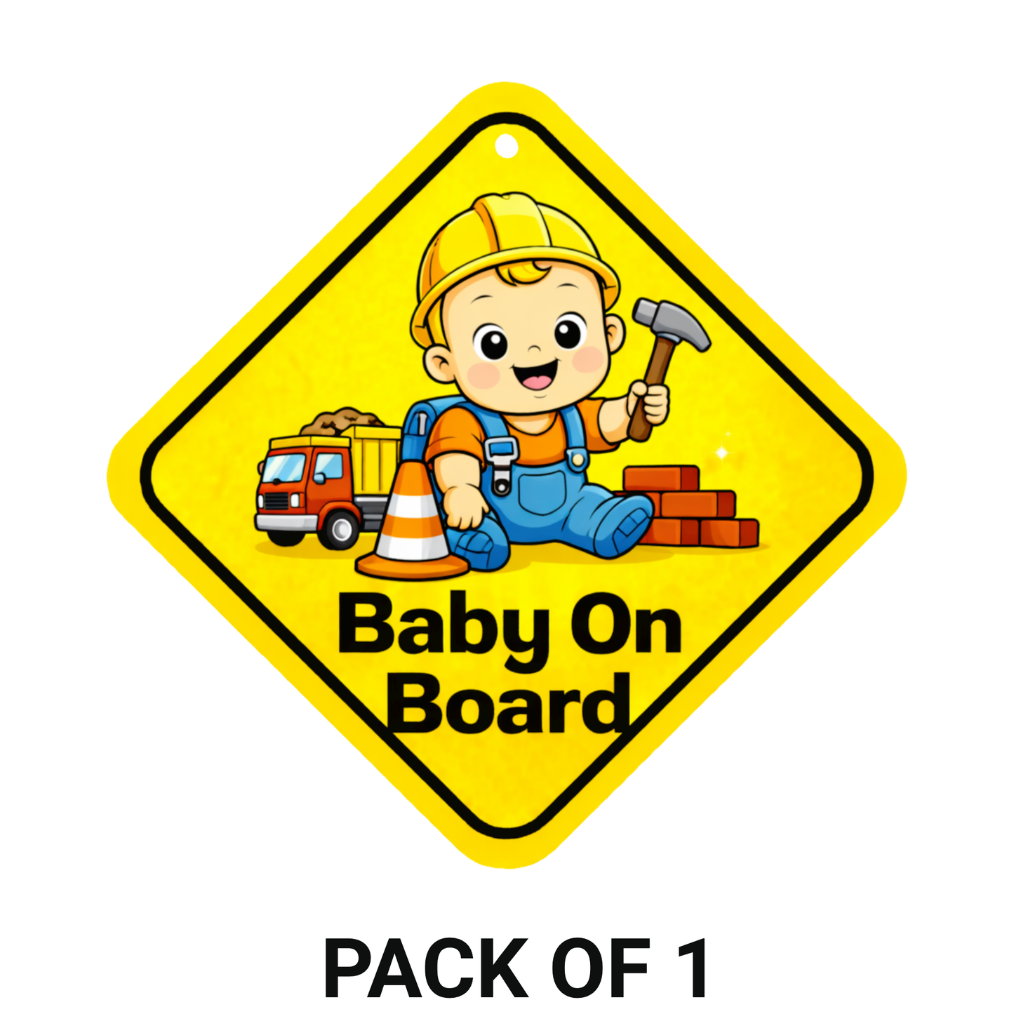 Smeeps Baby On Board Hanging Sign – 20.32 × 20.32 cm (8 × 8 Inch) Cute Construction Worker Baby Waterproof Car Hanging Board with Suction Cup | Builder Theme Baby Safety Vehicle Warning Sign