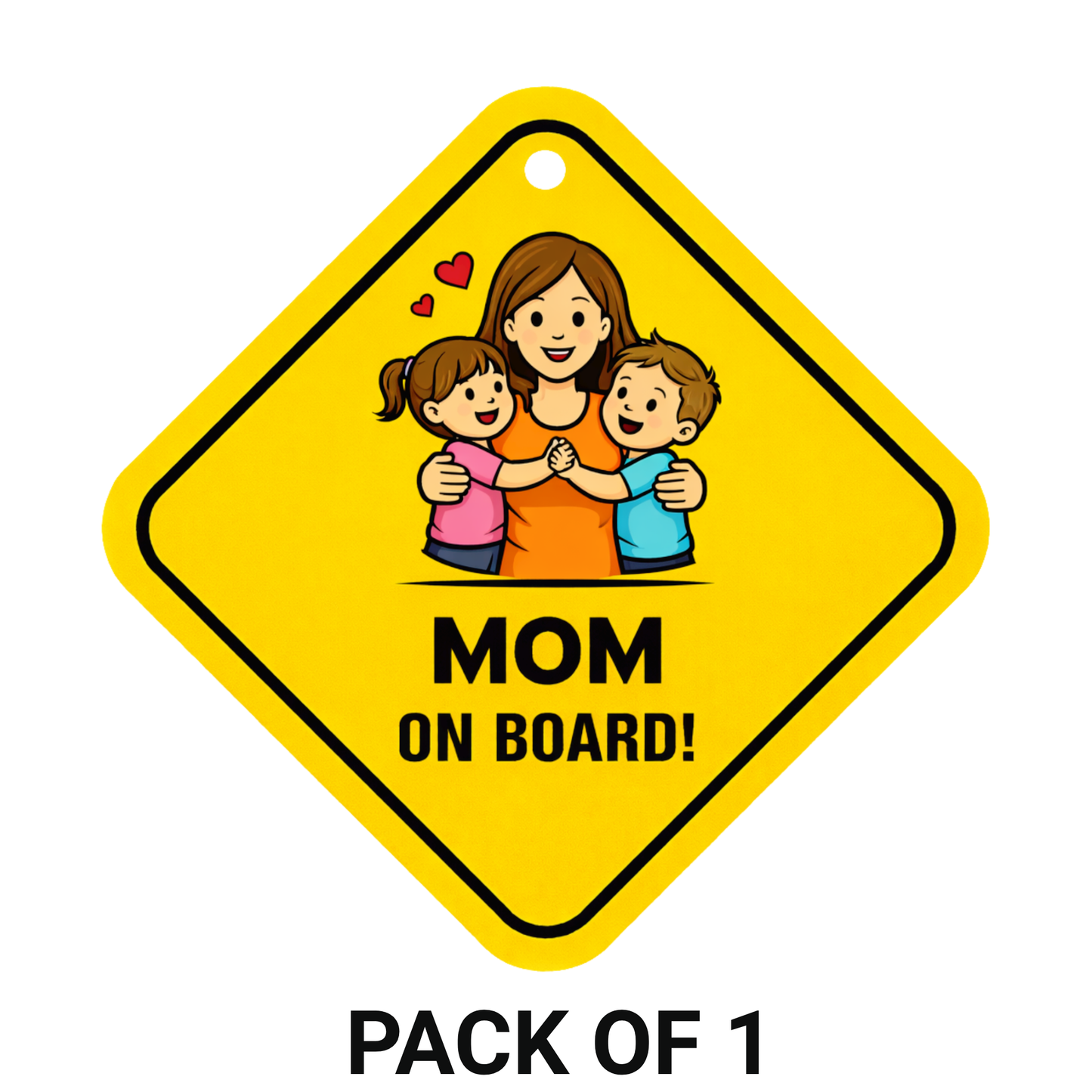 Smeeps Mom On Board Hanging Sign – 20.32 × 20.32 cm (8 × 8 Inch) Cute Mother with Kids Waterproof Car Hanging Board with Suction Cup | Family Safety Vehicle Sign Pack of 1