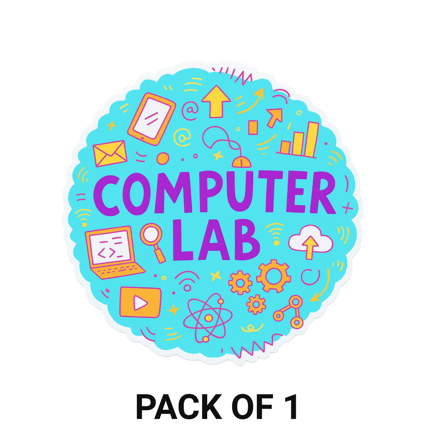 Smeeps Computer Lab Sticker – 11.43 cm Round Digital Learning Theme | Bright Blue Coding & Tech Illustrations | Waterproof & UV-Resistant Vinyl