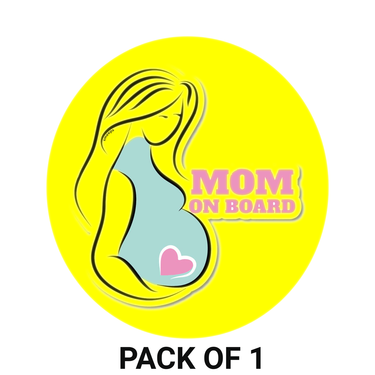 Smeeps Mom on Board Sticker – 15.24 cm Round | Pastel Silhouette & Heart Design | Yellow Waterproof Car Safety Sign