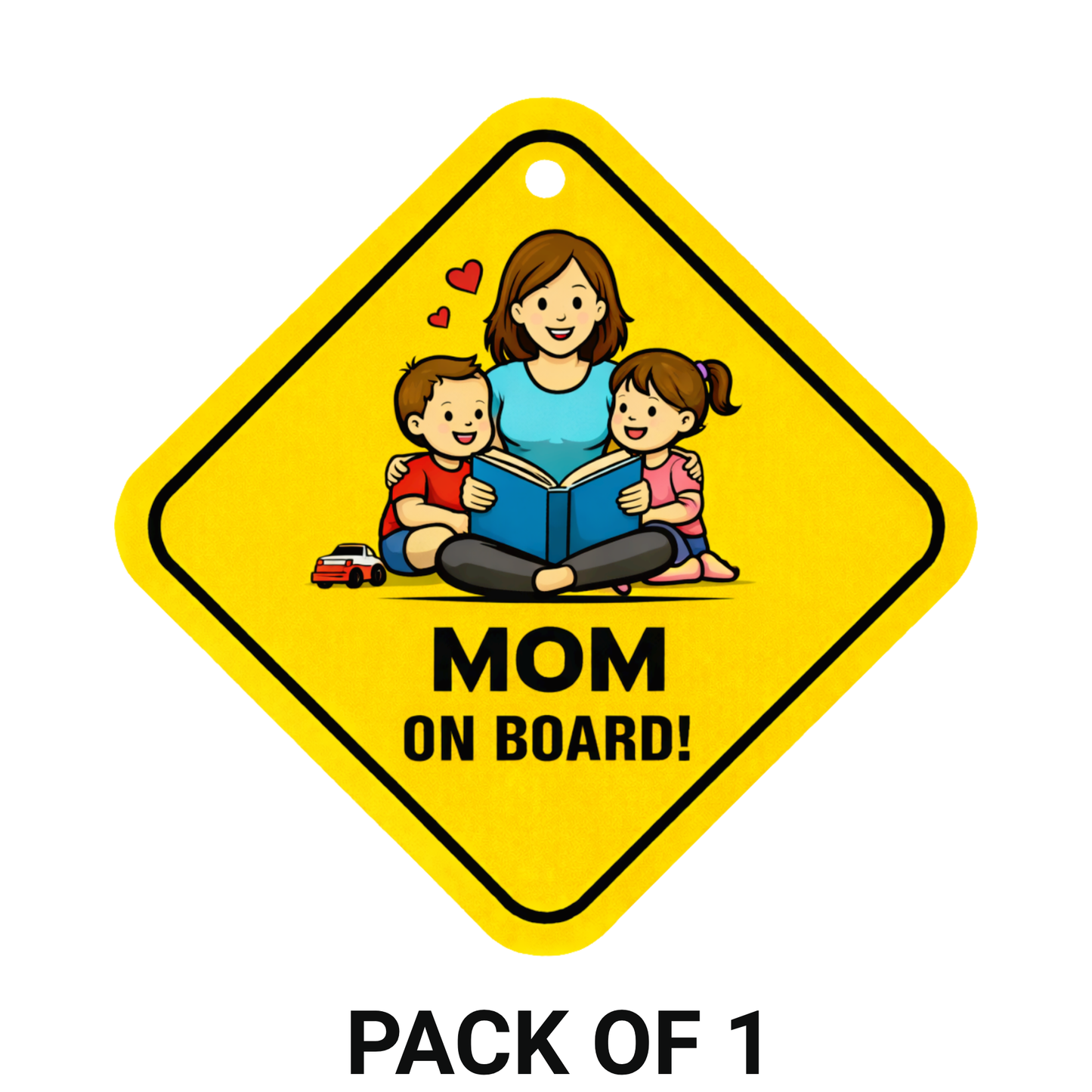 Smeeps Mom On Board Hanging Sign – 20.32 × 20.32 cm (8 × 8 Inch) Mom Reading with Kids Waterproof Car Hanging Board with Suction Cup | Cute Family Safety Vehicle Sign Pack of 1