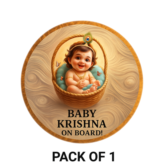 Smeeps Baby Krishna On Board Sticker – 15.24 cm Round | Basket-Themed Divine Krishna Design | Waterproof & UV-Proof Car Safety Sign