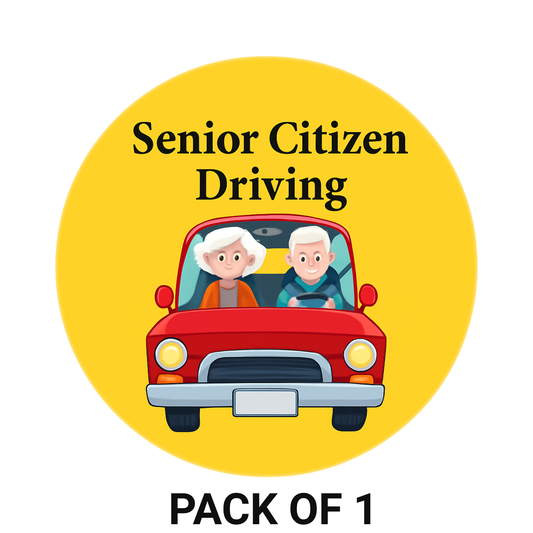 Smeeps Senior Citizen Driving Sticker – 15.24 cm Round | Friendly Elderly Couple Design | Yellow & Red High-Visibility Car Sign