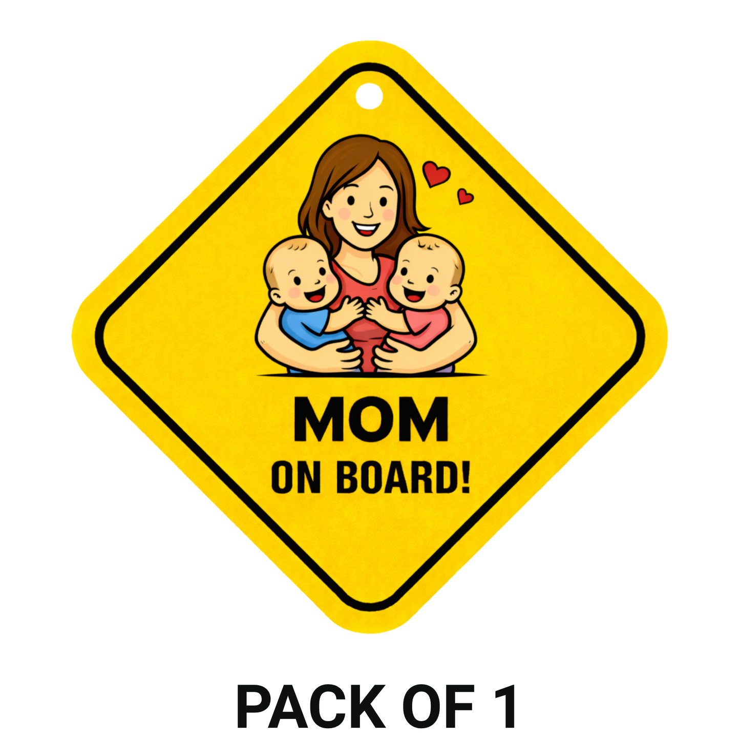 Smeeps Mom On Board Hanging Sign – 20.32 × 20.32 cm (8 × 8 Inch) Cute Mom with Twin Babies Waterproof Car Hanging Board with Suction Cup | Family Safety Vehicle Sign Pack of 1