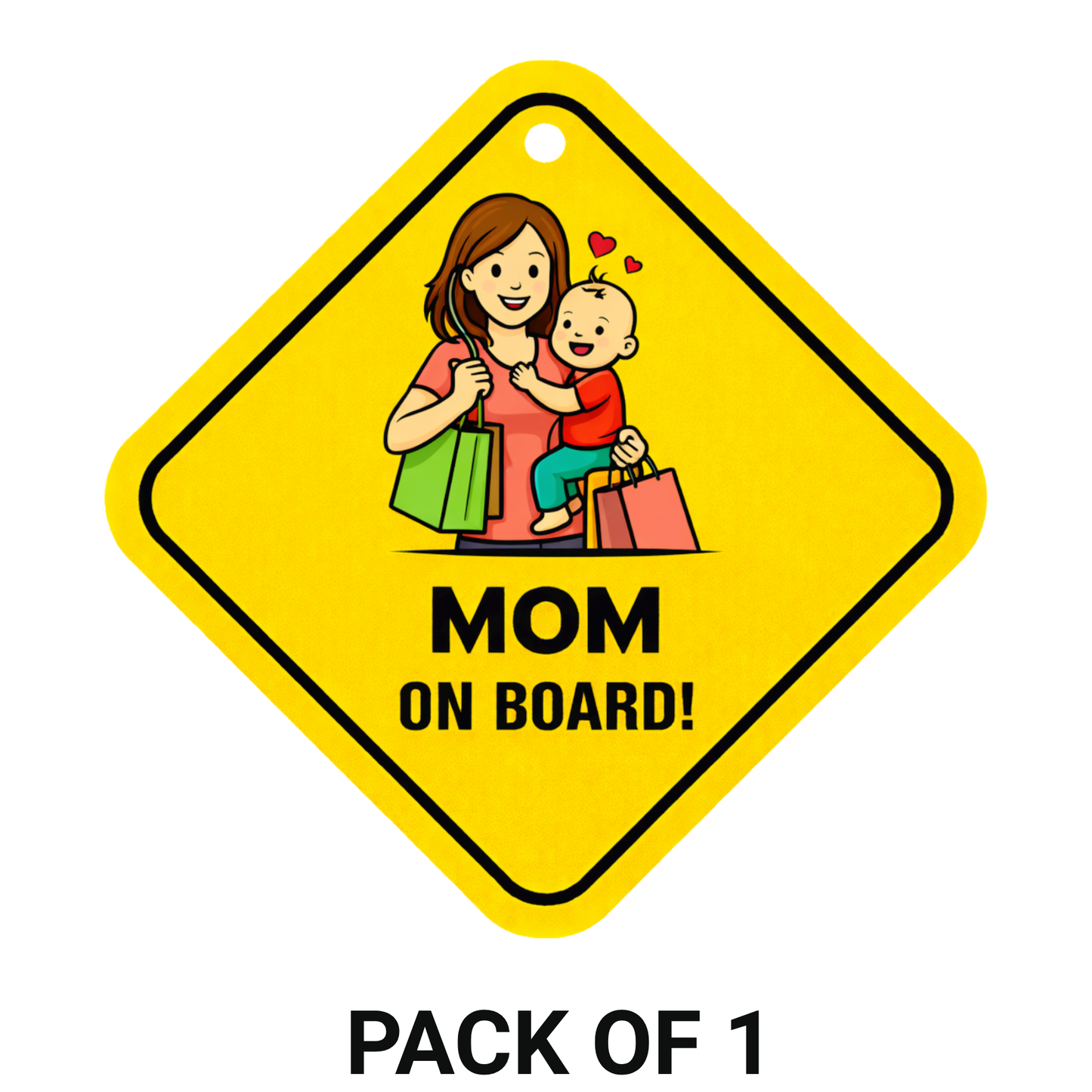 Smeeps Mom On Board Hanging Sign – 20.32 × 20.32 cm (8 × 8 Inch) Shopping Mom with Baby Waterproof Car Hanging Board with Suction Cup | Cute Family Safety Vehicle Sign Pack of 1