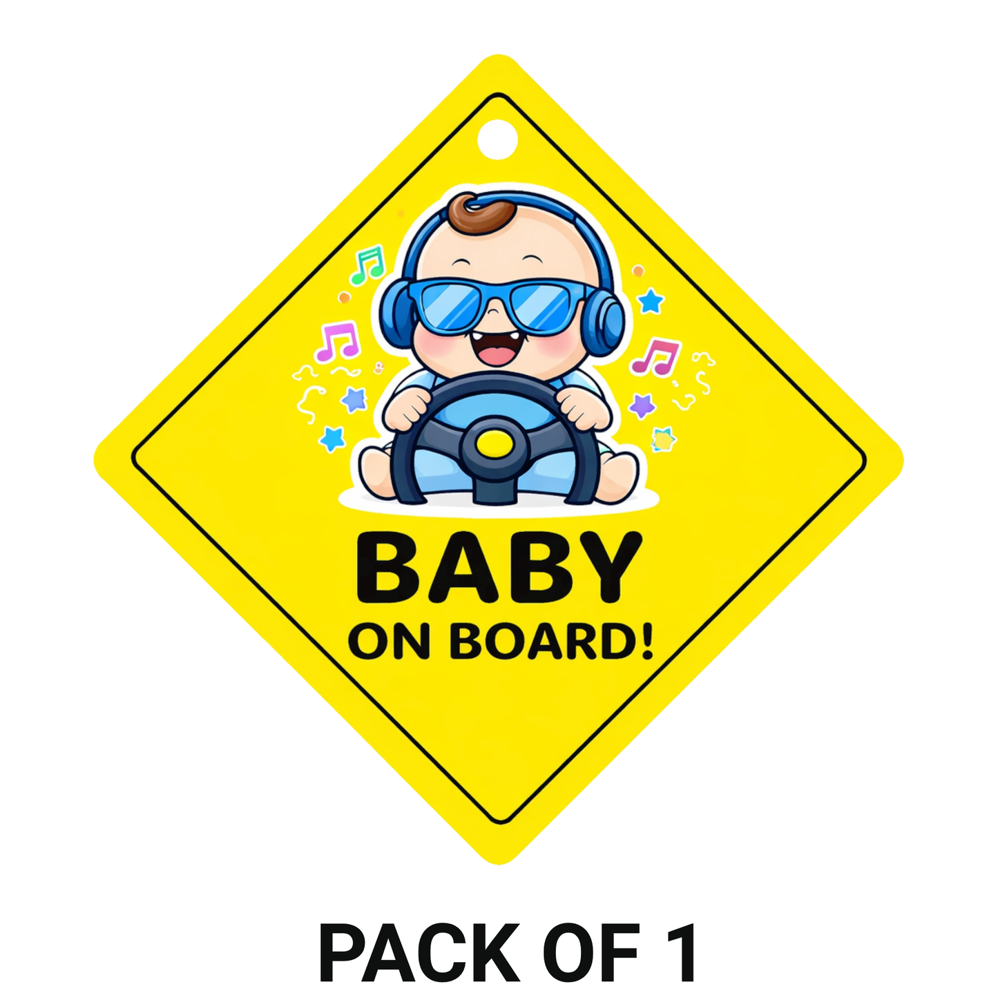 Smeeps Cool Baby On Board Hanging Sign – 20.32 × 20.32 cm (8 × 8 Inch) Cute DJ Driving Baby Waterproof Car Hanging Board with Suction Cup | Funny Baby Safety Car Sign