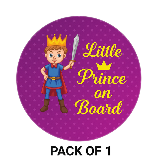 Smeeps Little Prince On Board Sticker – 15.24 cm Round | Cute Cartoon Prince with Sword & Crown | Purple Polka Dot Safety Sign for Cars