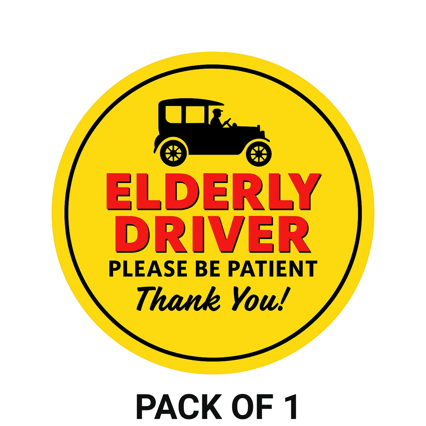 Smeeps Elderly Driver Please Be Patient Sticker – 15.24 cm Round | Bold Vintage Car Design | Yellow, Red & Black Safety Sign