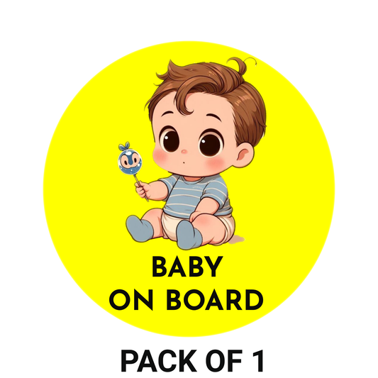 Smeeps Baby on Board Sticker – 15.24 cm Round | Cute Cartoon Baby Boy with Toy Design | Yellow & Black Waterproof Car Safety Sign