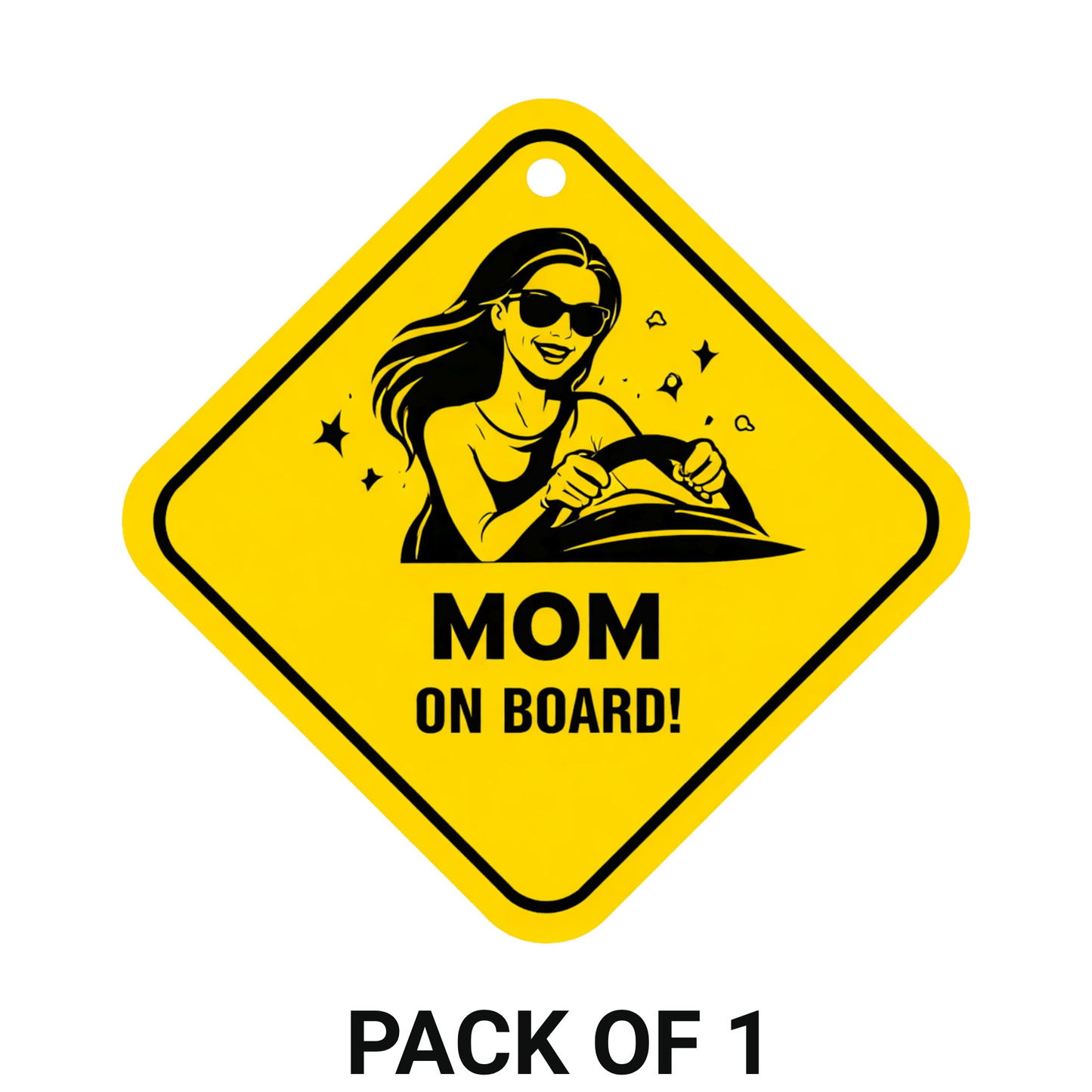 Smeeps Mom On Board Hanging Sign – 20.32 × 20.32 cm (8 × 8 Inch) Stylish Mom Driver Waterproof Car Hanging Board with Suction Cup | Family Safety Vehicle Warning Sign