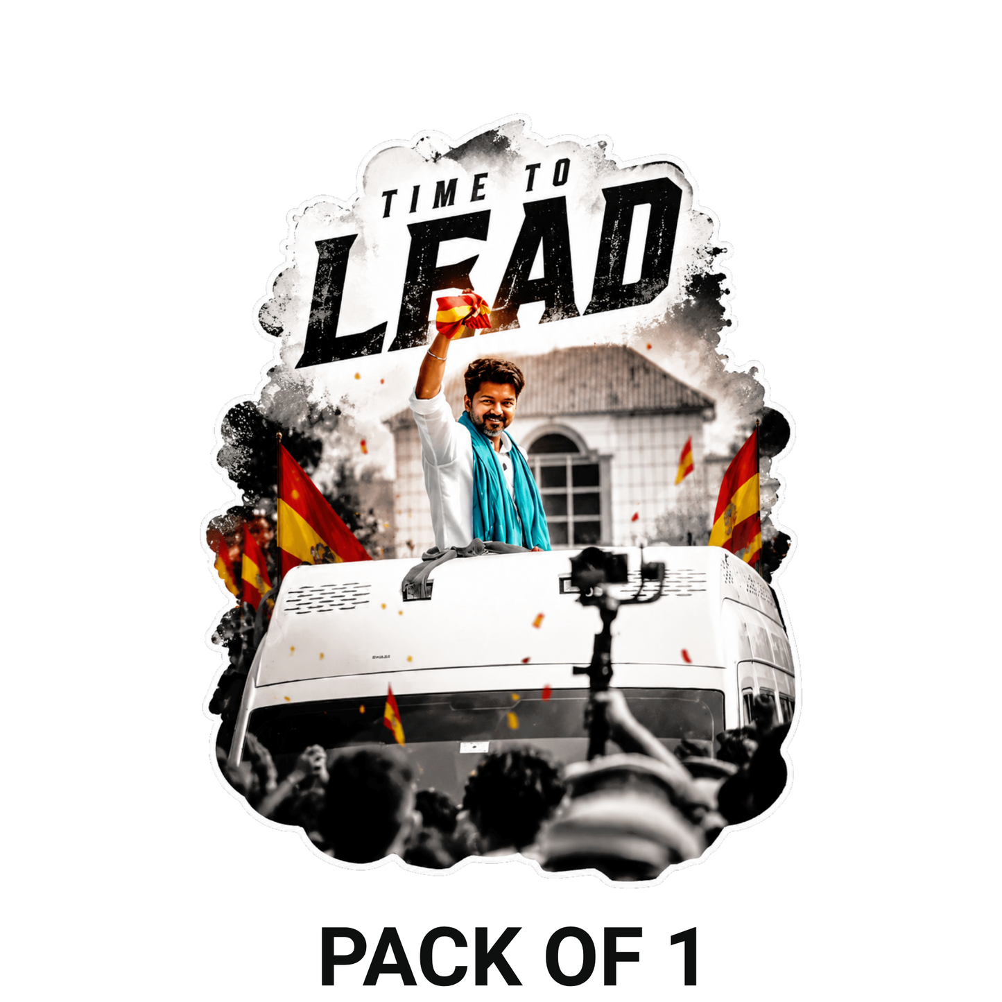Thalapathy Vijay “Time To Lead” Die-Cut Sticker – 11.43 × 8.89 cm (4.5 × 3.5 Inch) Waterproof UV Resistant Vinyl Car & Bike Sticker for Car, Helmet, Laptop & Rear Glass | Premium Political Fan Art Decal Pack of 1
