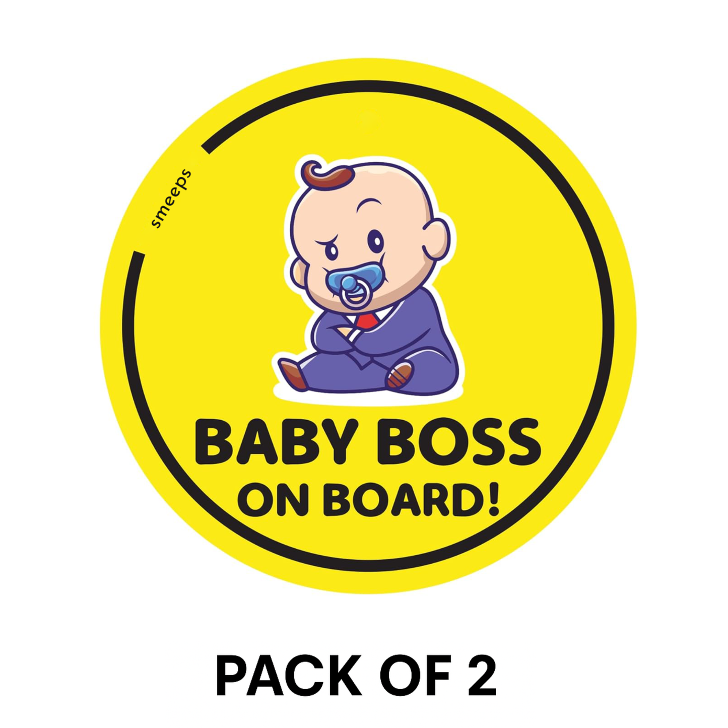 Pack of 2 | Smeeps Baby Boss on Board Car Sticker, 15.24 cm Round, Bold Yellow Safety Decal for Rear Windows – Waterproof & Weatherproof