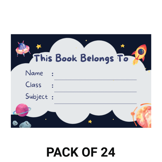 Pack of 24 |Smeeps Kids' Space-Themed Book Label Stickers – 7.62 x 5.08 cm – “This Book Belongs To” Writable Labels for School Notebooks | Name, Class, Subject Fields | Pack of Fun Learning Stickers