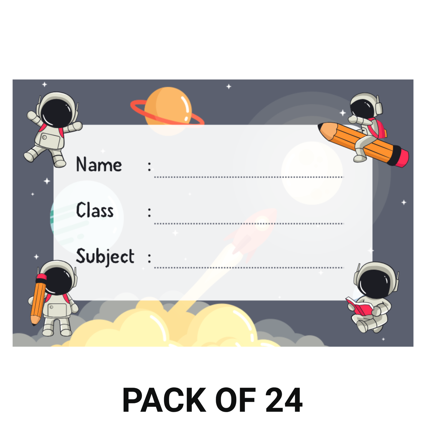 Pack of 24 |Smeeps Space Explorer Book Label Stickers – 7.62 x 5.08 cm – Writable Notebook Stickers for Kids | Astronaut Design | Name, Class, Subject | Durable for School Supplies