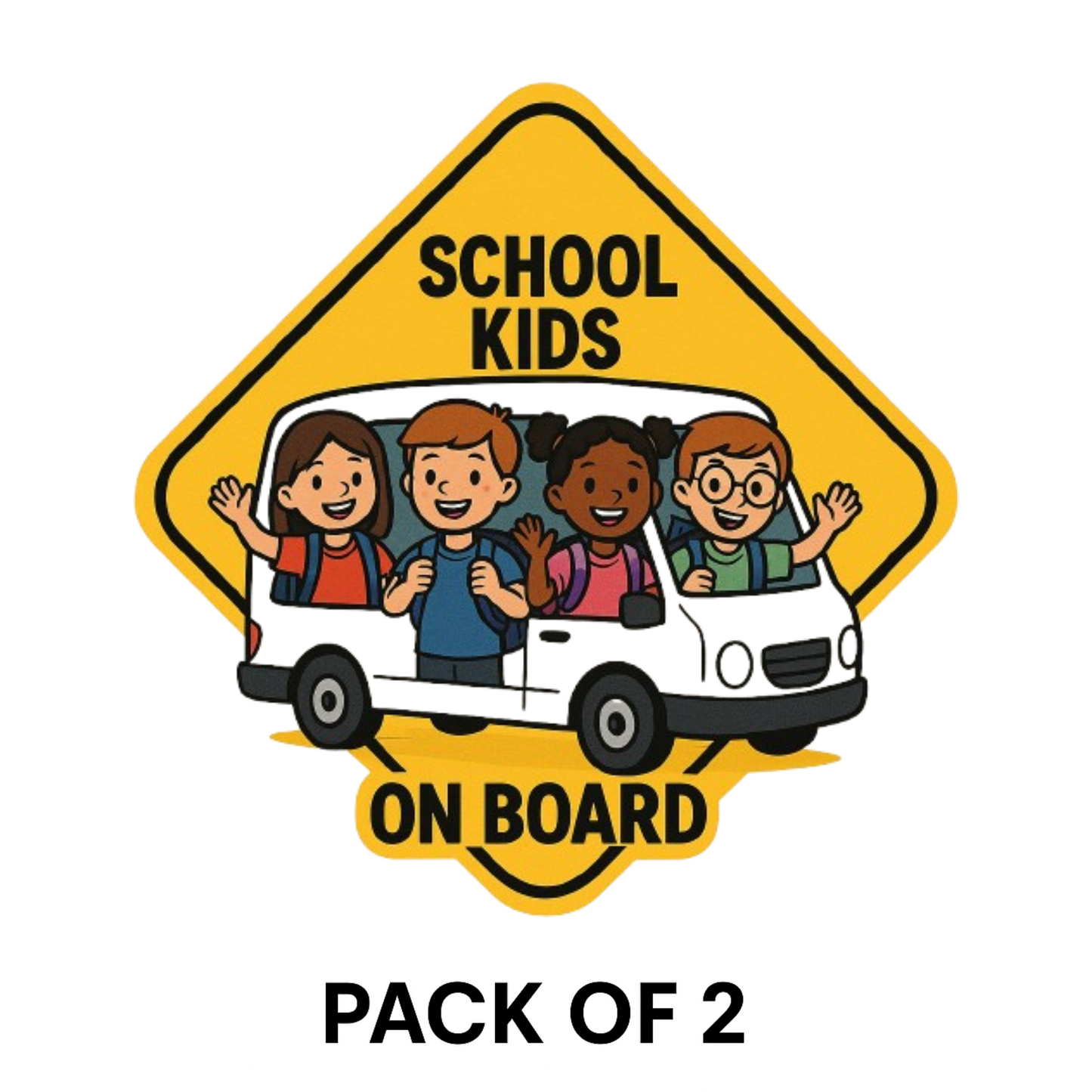 Smeeps School Kids On Board Sticker – 13.97 x 13.97 cm | High-Visibility Bus Safety Vinyl Decal (Yellow Diamond Cartoon Design)