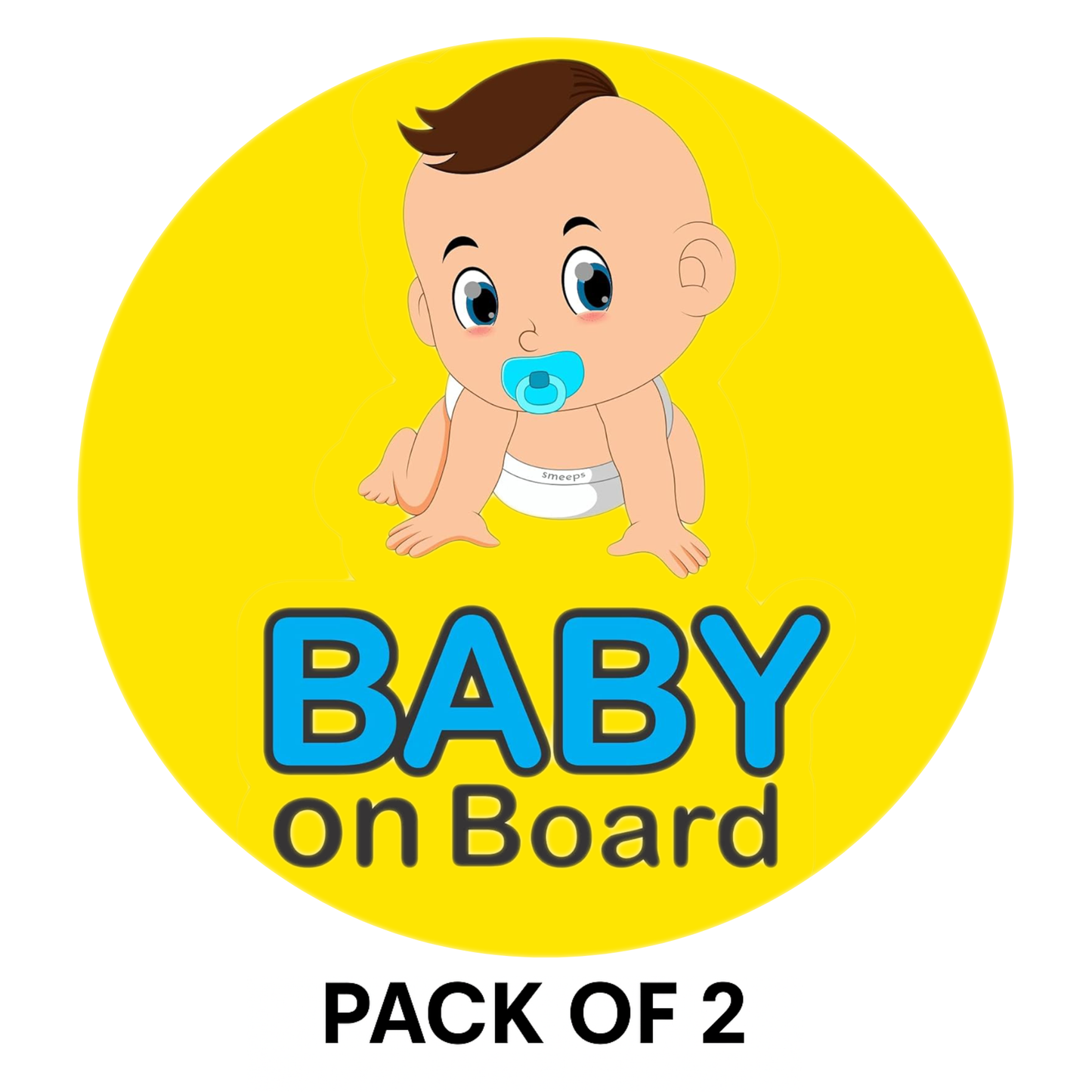 Pack of 2 | Smeeps Baby on Board Sticker – 15.24 cm Round | Cute Crawling Baby Boy Design | Yellow & Blue Waterproof Car Safety Sign