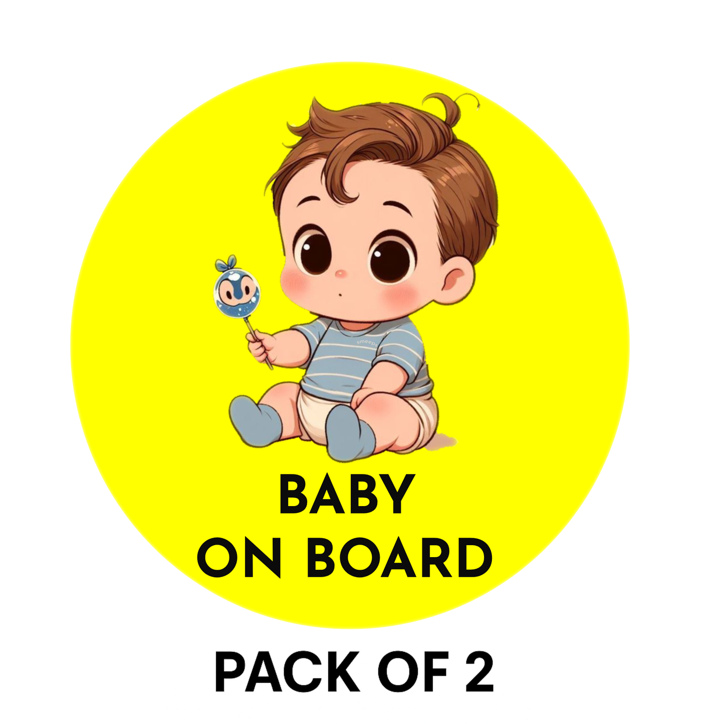 Pack of 2 | Smeeps Baby on Board Sticker – 15.24 cm Round | Cute Cartoon Baby Boy with Toy Design | Yellow & Black Waterproof Car Safety Sign