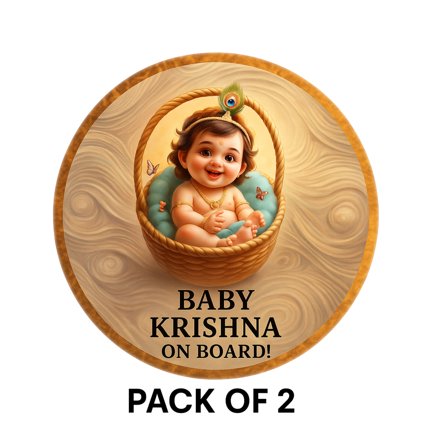 Pack of 2 | Smeeps Baby Krishna On Board Sticker – 15.24 cm Round | Basket-Themed Divine Krishna Design | Waterproof & UV-Proof Car Safety Sign