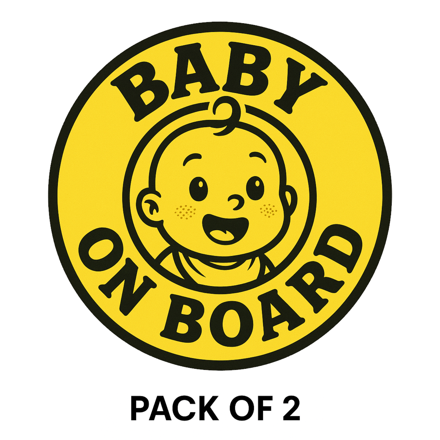 Smeeps Baby On Board Sticker – 13.97 x 13.97 cm Round | Smiling Baby Face in Bold Yellow | Waterproof Vinyl Car Safety Sign