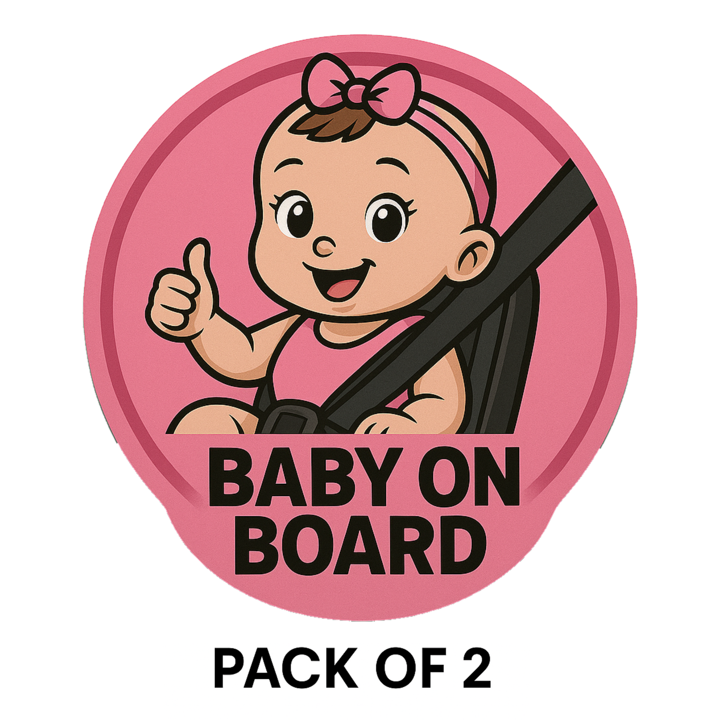 Smeeps Baby On Board Sticker – 13.97 x 13.97 cm Round | Cute Baby Girl in Car Seat with Thumbs-Up | Waterproof Pink Car Safety Sign