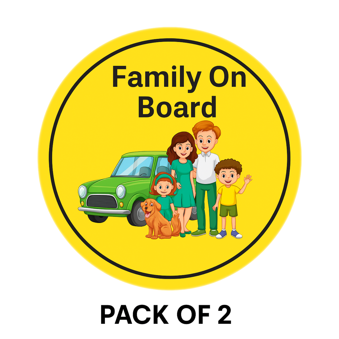 Pack of 2 | Smeeps Family On Board Sticker – 15.24 cm Round | Cartoon Family & Dog with Green Car | Bright Yellow Safety Sign for Vehicles