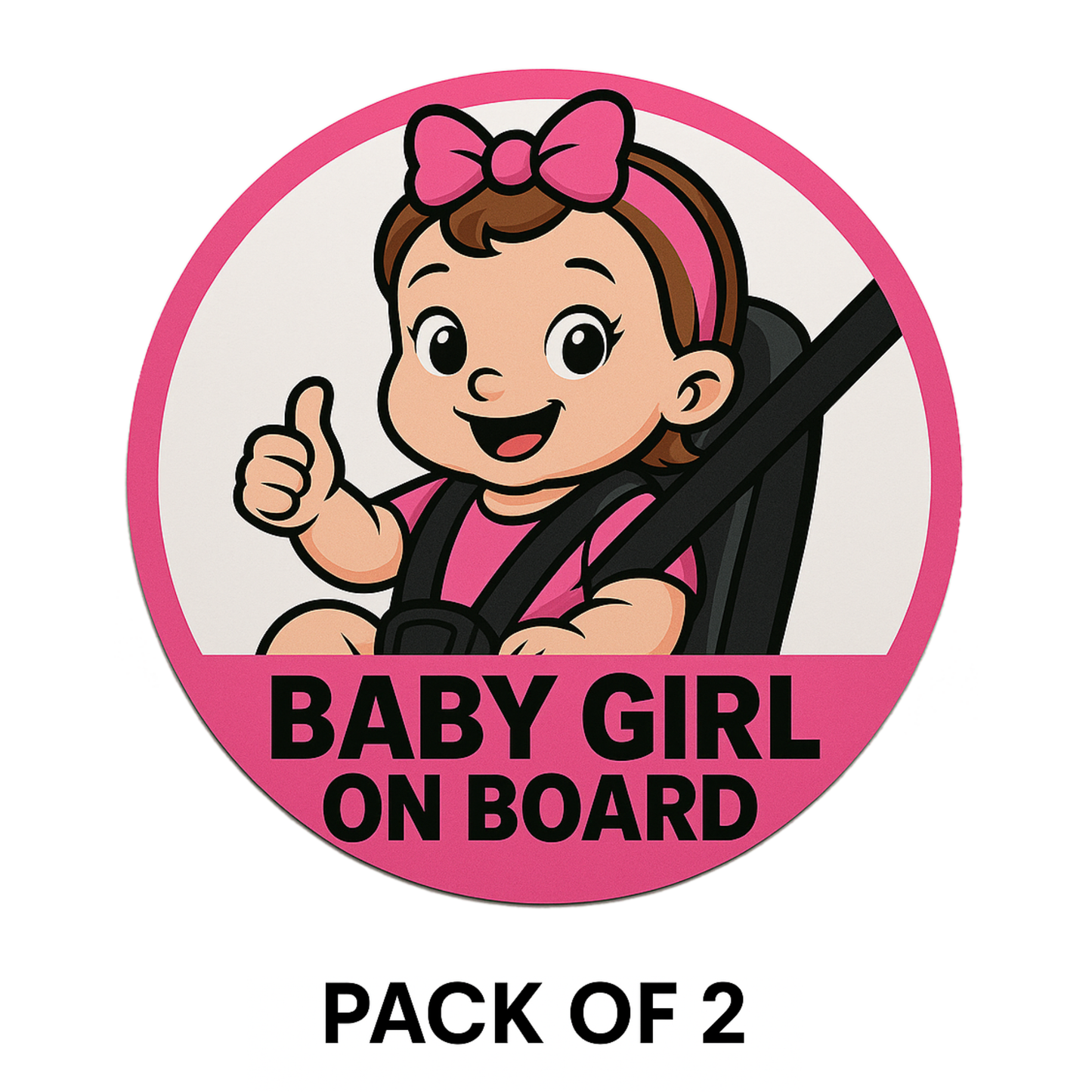 Smeeps “Baby Girl On Board” Car Sticker – Pink Edition – 13.97 x 13.97 cm | Round Safety Sign with Cute Cartoon in Car Seat