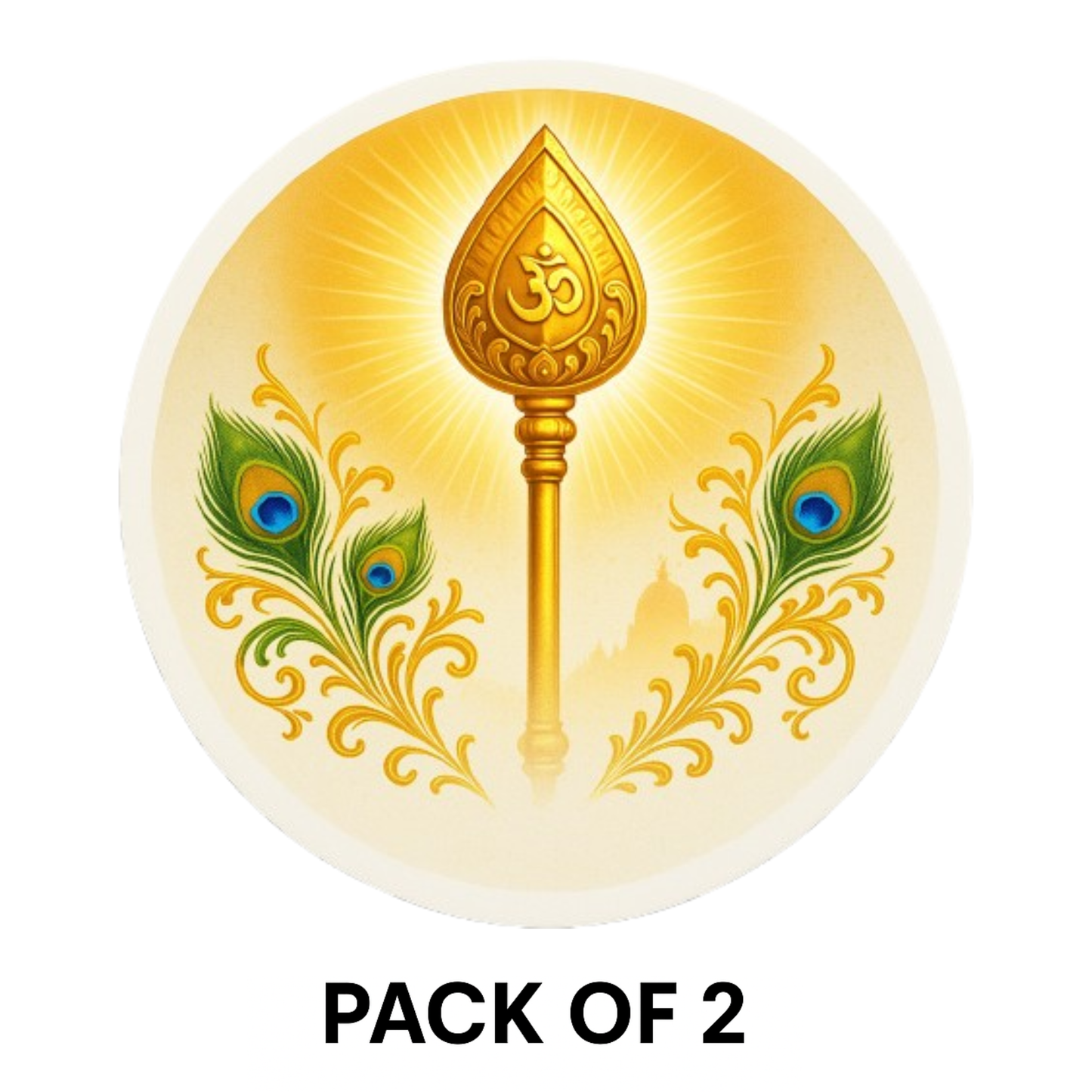 Smeeps Golden Vel with Om Symbol & Peacock Feathers Sticker | 7.62 x 7.62 cm | For Car & Bike
