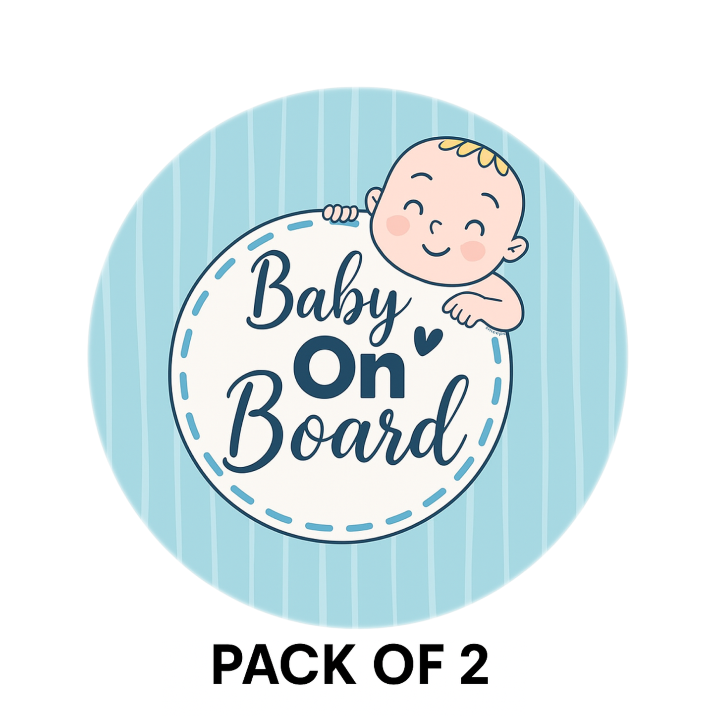 Pack of 2 | Smeeps Baby on Board Sticker – 15.24 cm Round | Soft Blue Pastel Design with Smiling Baby | Waterproof Car Safety Sign