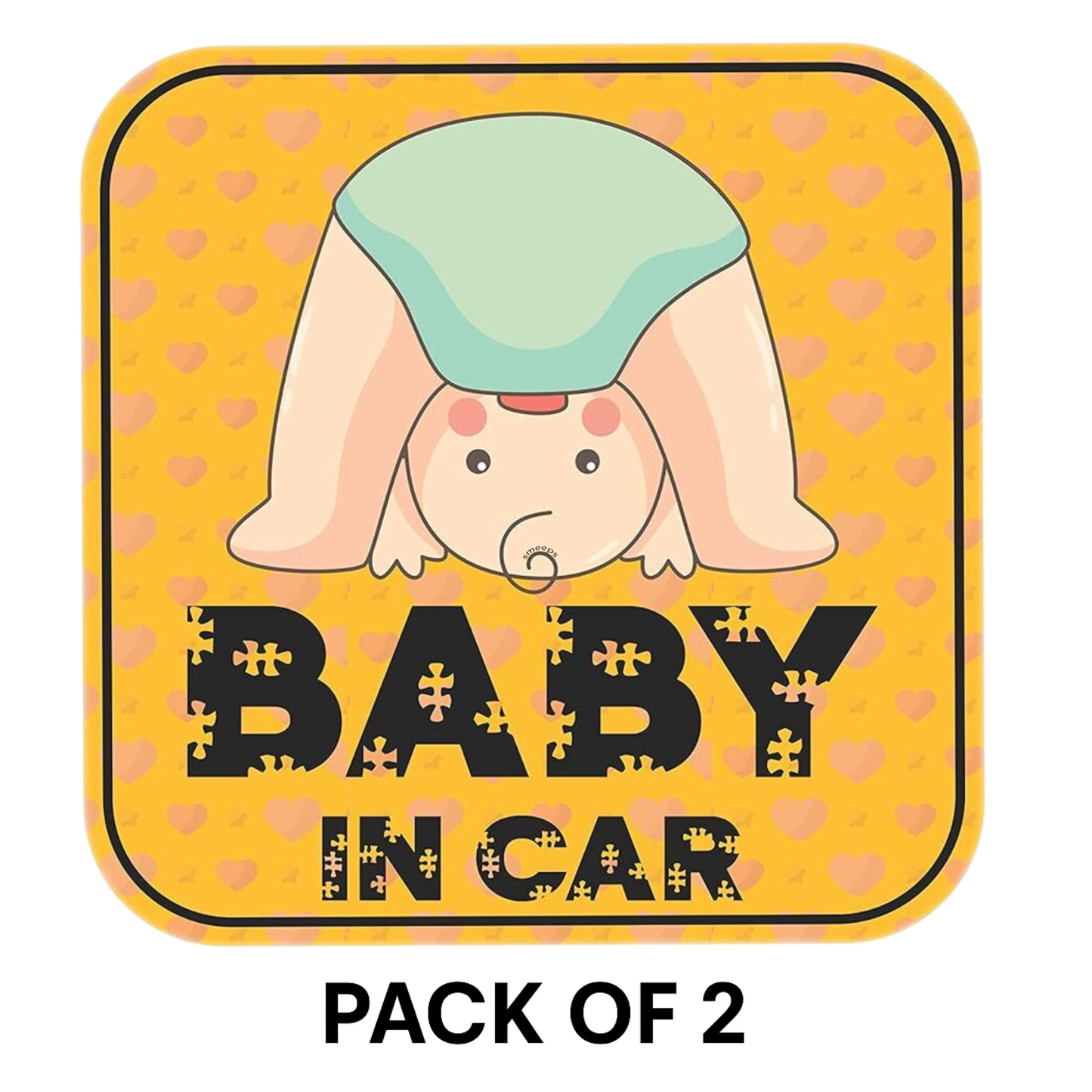 Pack of 2 | Smeeps Baby on Board Sticker – 15 x 15 cm | Cute Upside-Down Baby Design | Square Yellow Safety Sign for Vehicle Windows & Bumpers