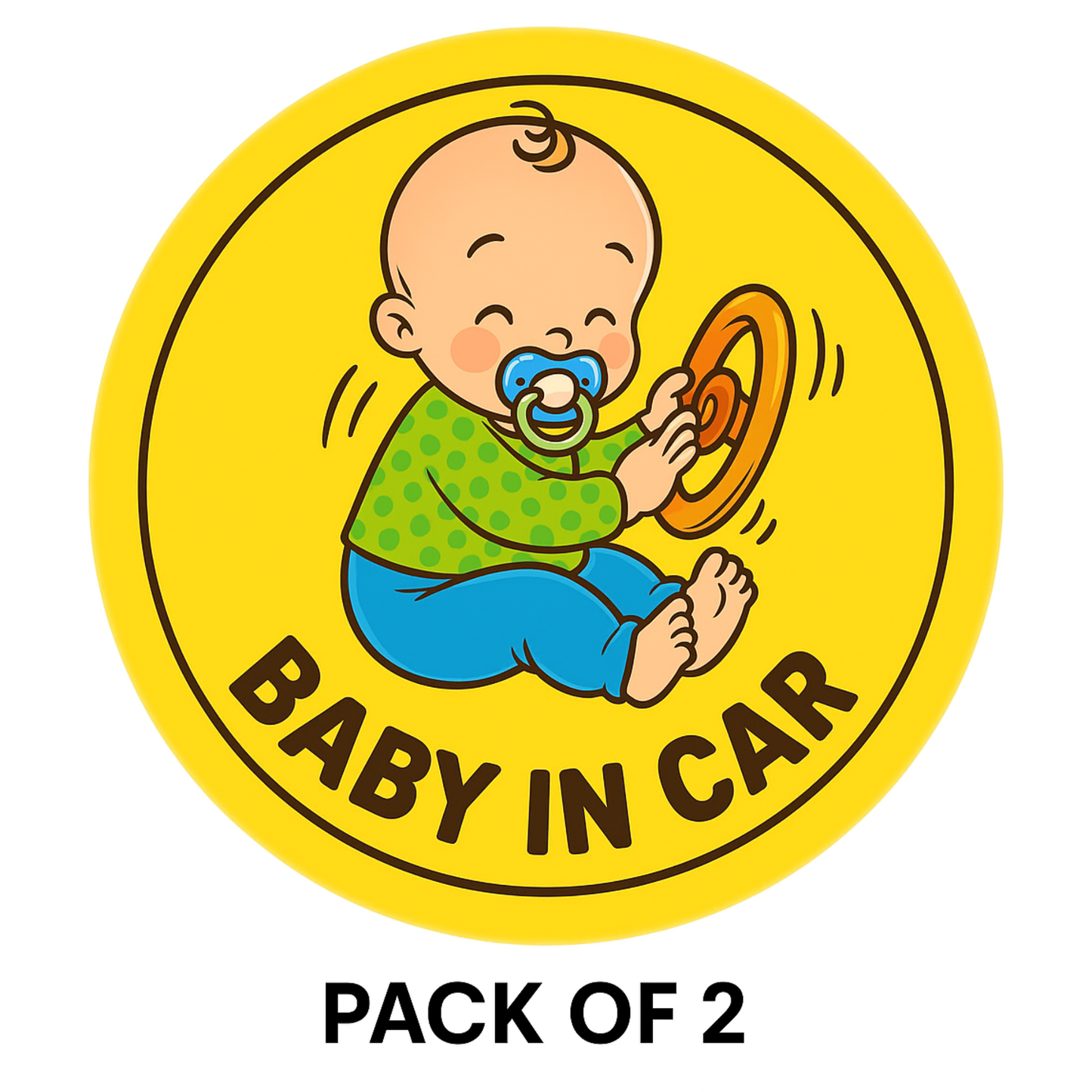 Pack of 2 | Smeeps Baby in Car Sticker – 15.24 cm Round | Funny Cartoon Baby with Steering Wheel | Bold Safety Sign for Vehicles