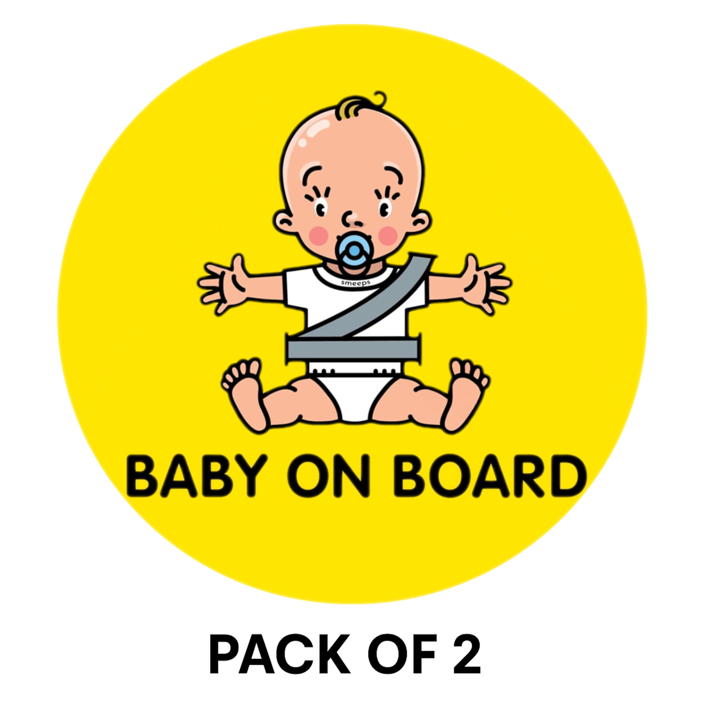 Pack of 2 | Smeeps Baby on Board Sticker – 15.24 cm Round | Cute Pacifier Baby Design | Yellow & Black Waterproof Car Safety Sign