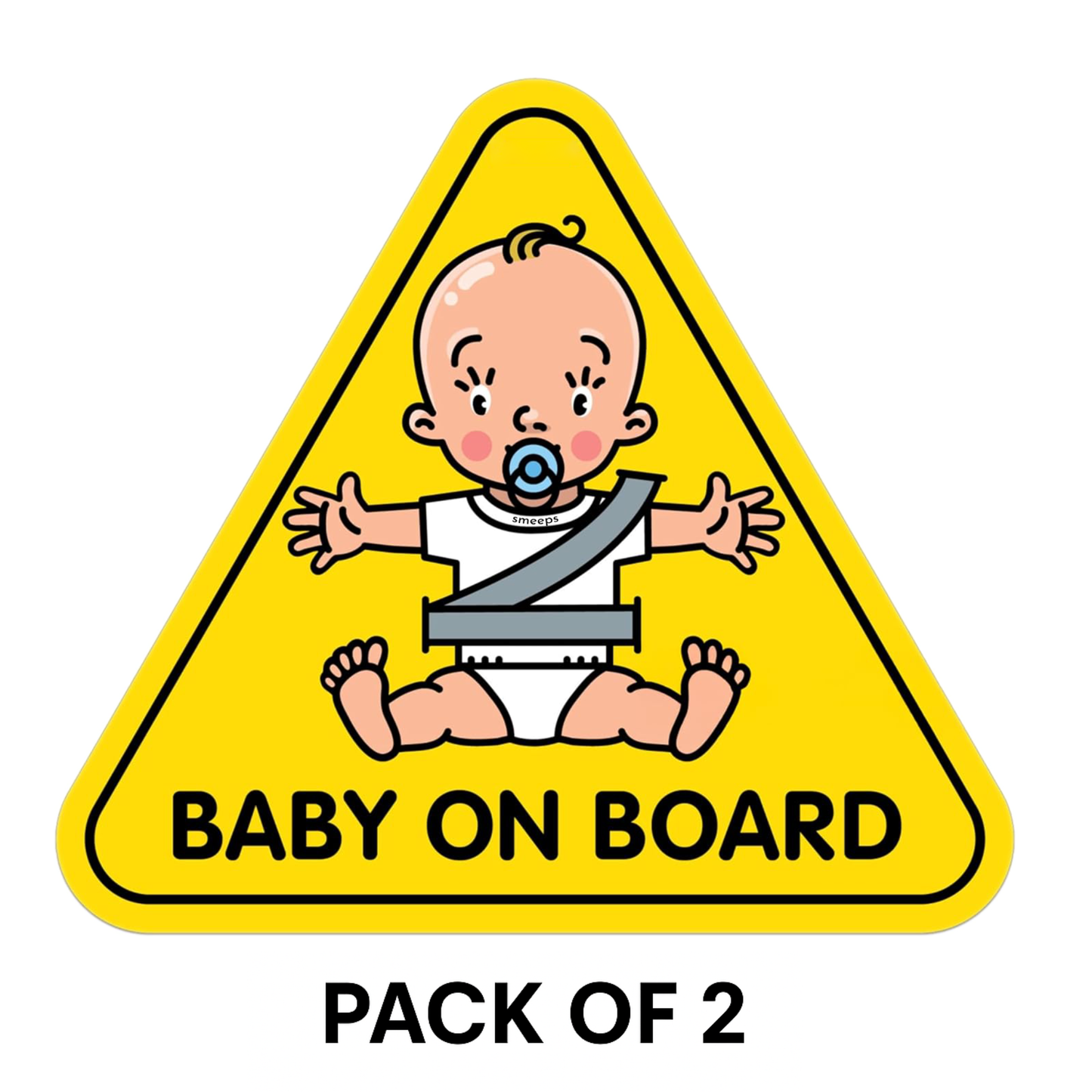 Pack of 2 | Smeeps Baby on Board Car Sticker, 13.57 x 12.07 cm Triangle, Bright Yellow Safety Decal with Cartoon Baby – Waterproof & Weatherproof for Rear Windows