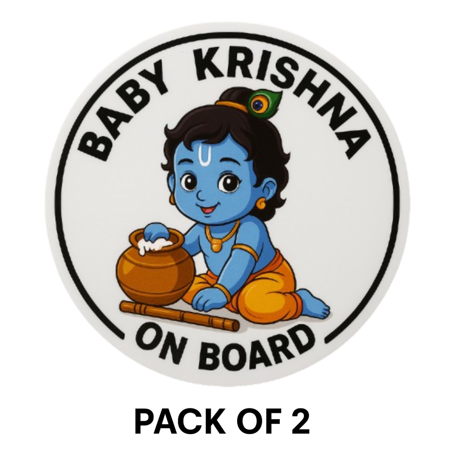 Baby Krishna On Board Sticker – 13.97 x 13.97 cm | Cute Devotional Design for Cars | Waterproof & Durable