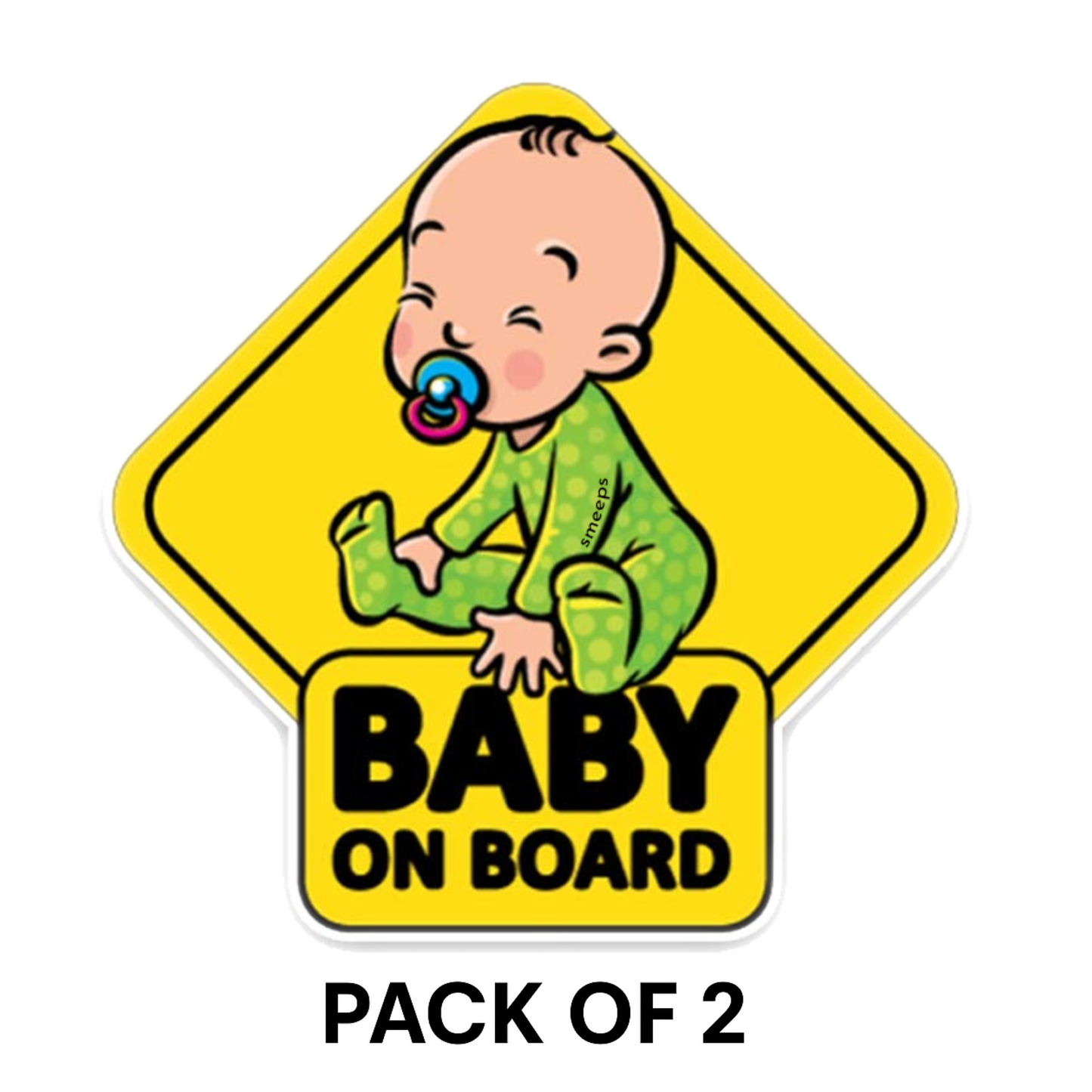 Pack of 2 | Smeeps Baby on Board Car Sticker, 14.7 x 14.7 cm Diamond Shape – Smiling Baby in Green Pajamas, Waterproof Safety Sign for Vehicles
