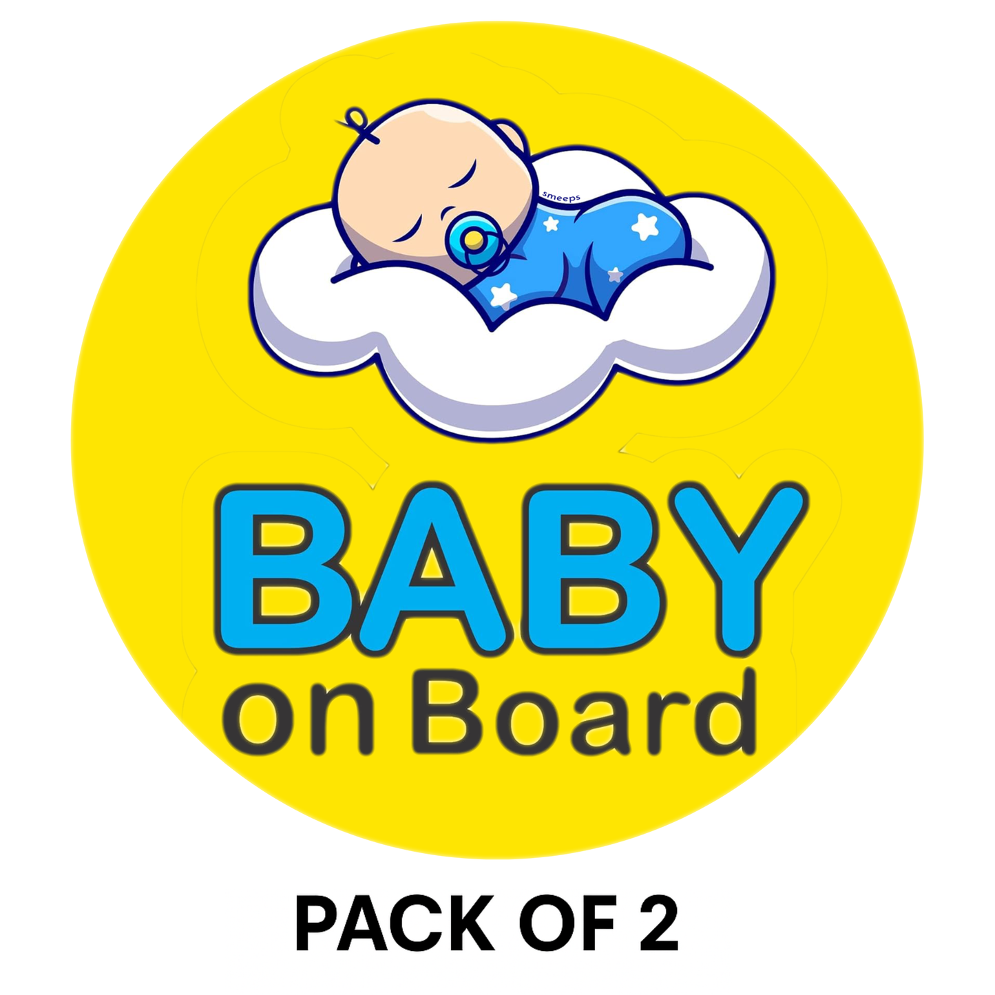 Pack of 2 | Smeeps Baby on Board Sticker – 15.24 cm Round | Sleeping Baby on Cloud Design | Yellow & Blue Waterproof Car Safety Sign