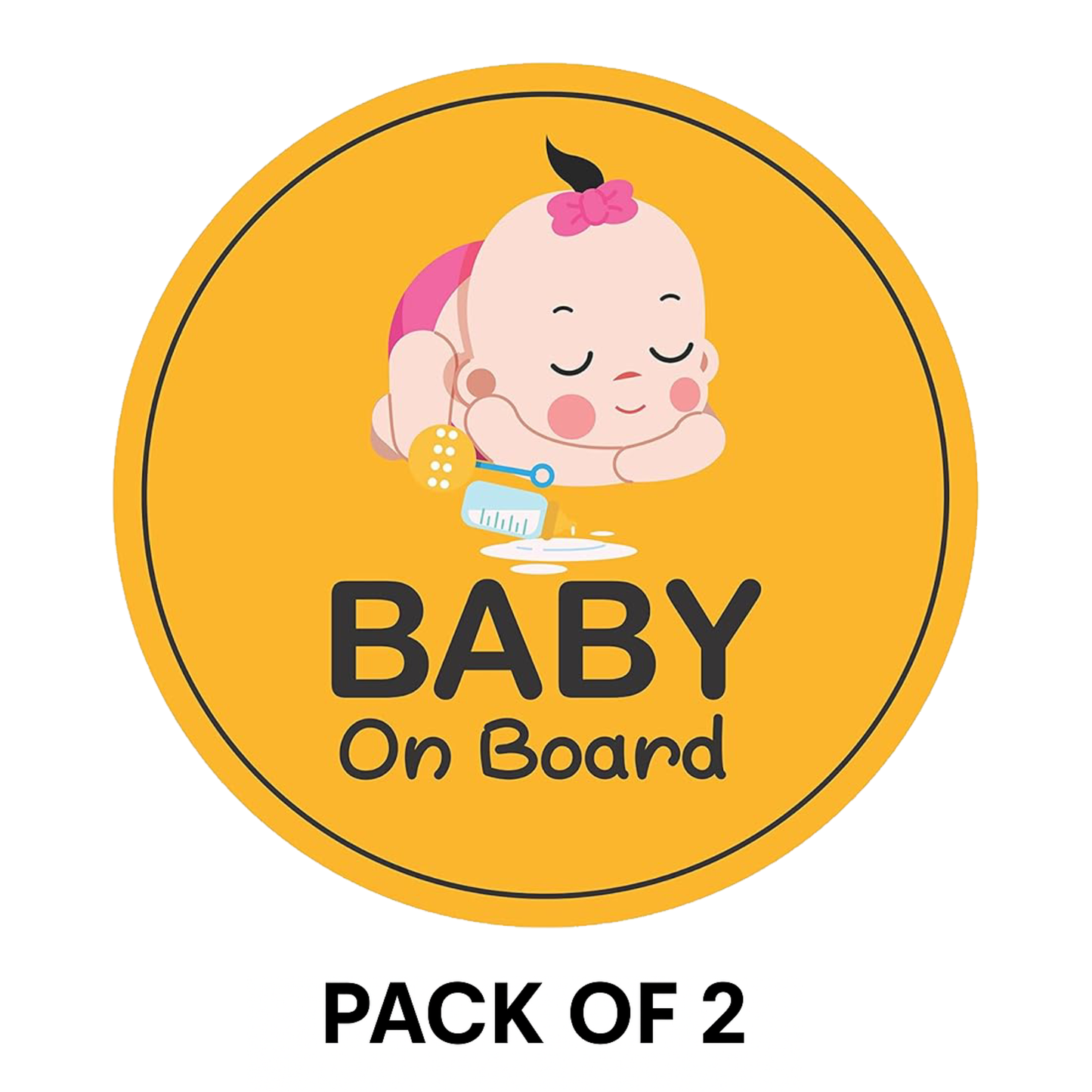 Smeeps Baby On Board Sticker – 14 x 14 cm Round Design with Cute Sleeping Baby & Bottle | Bright Yellow Safety Decal | Waterproof & Fade Resistant