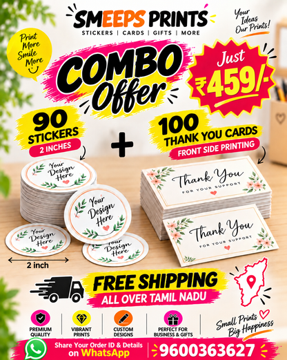 Smeeps Combo Offer – Custom Stickers 1.5 or 2 Inch + 100 Thank You Cards
