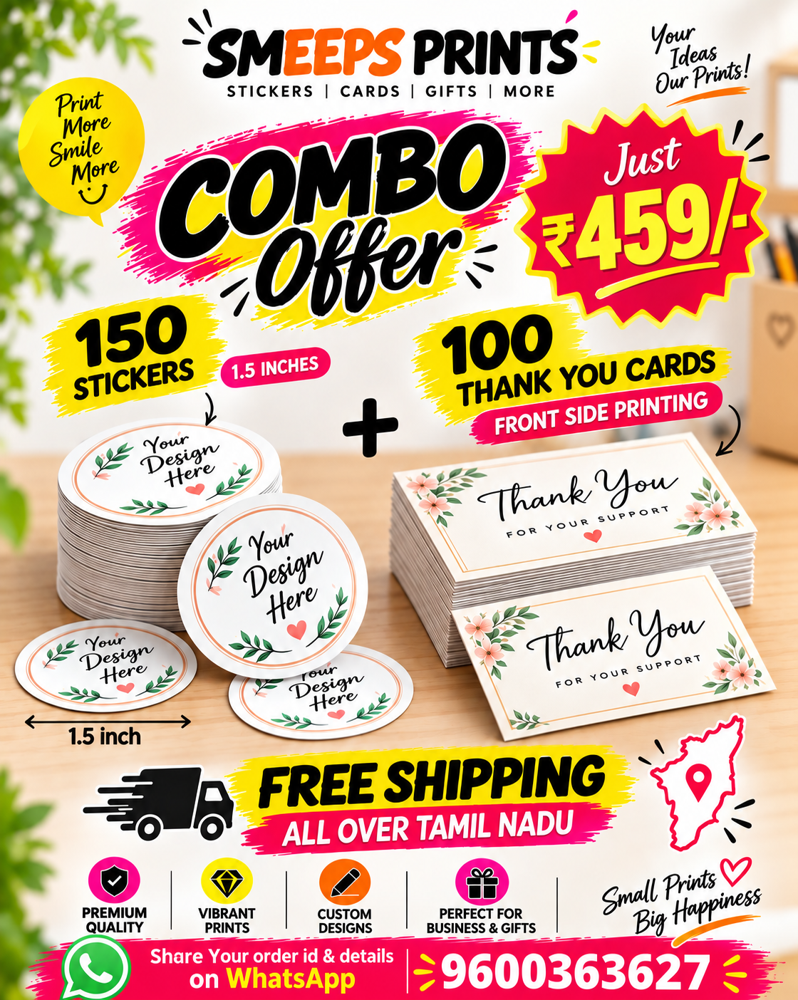 Smeeps Combo Offer – Custom Stickers 1.5 or 2 Inch + 100 Thank You Cards