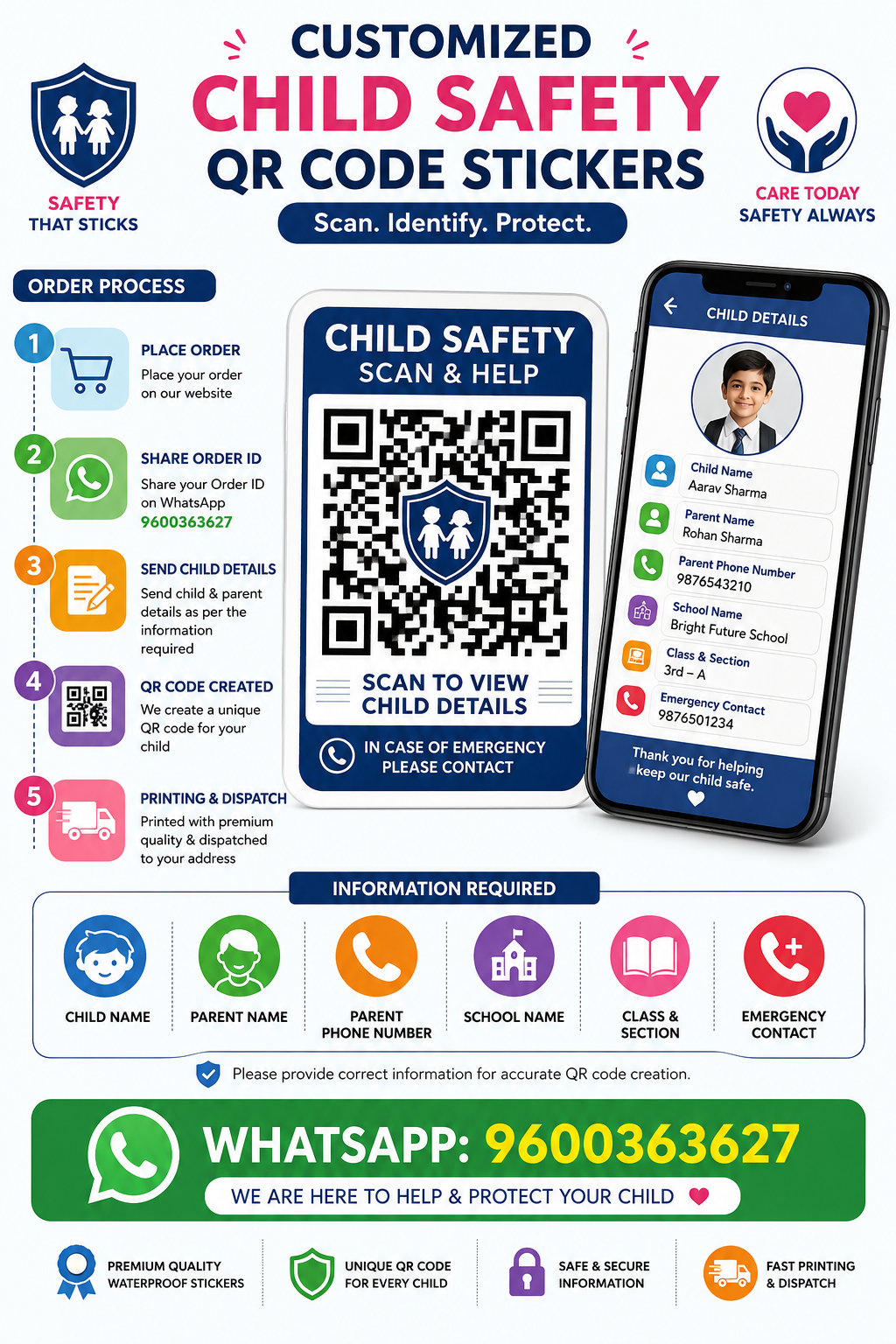 Customized Child Safety QR Code Sticker for School Bag & Water Bottle | Scan QR to View Child Details | Waterproof Vinyl Sticker | Pack of 4