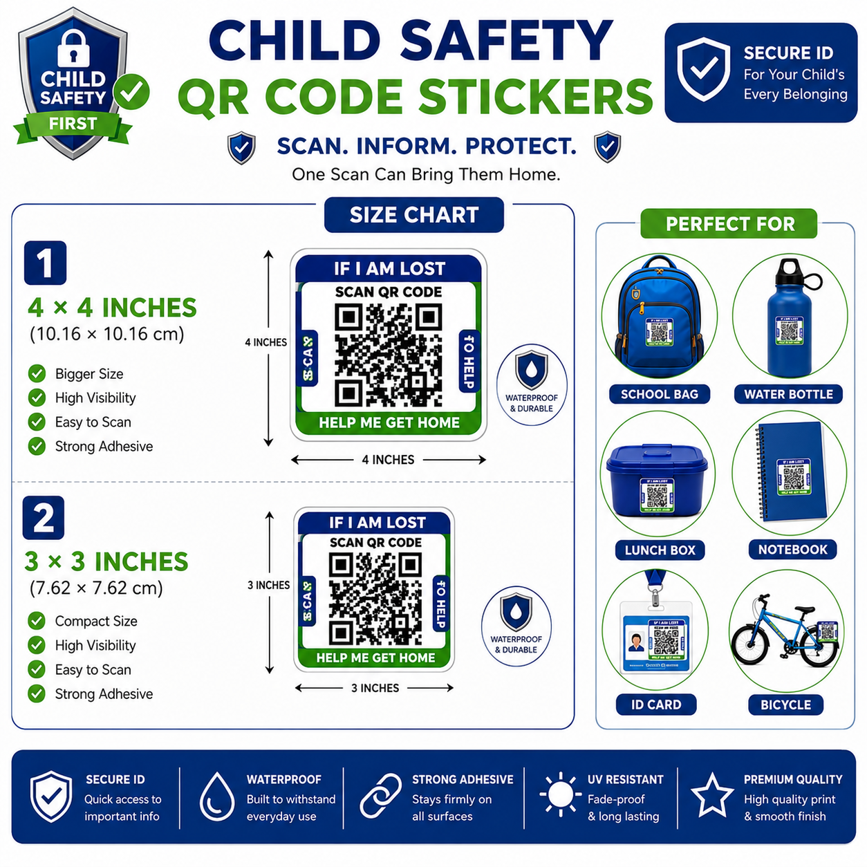 Customized Child Safety QR Code Sticker for School Bag & Water Bottle | Scan QR to View Child Details | Waterproof Vinyl Sticker | Pack of 4