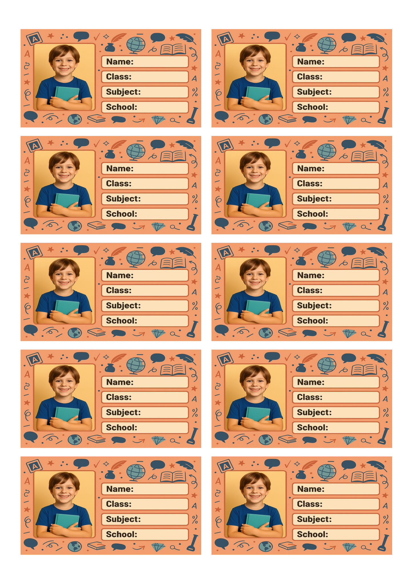 Smeeps Personalized School Book Label – Custom Photo Name Sticker for Kids | 3.5 x 2 Inch Orange Theme Notebook Labels | Pack of 10