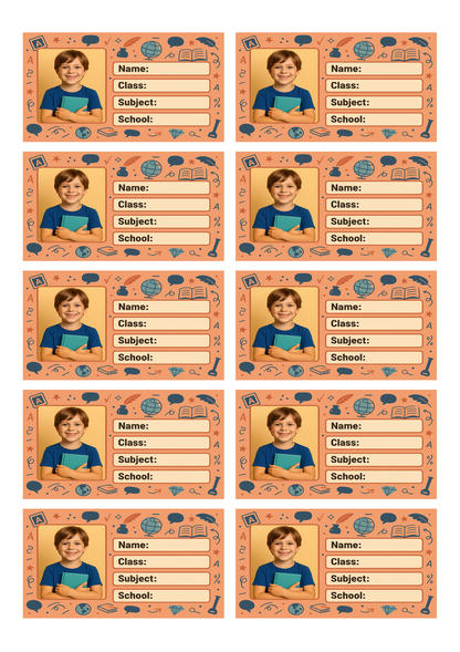 Smeeps Personalized School Book Label – Custom Photo Name Sticker for Kids | 3.5 x 2 Inch Orange Theme Notebook Labels | Pack of 10