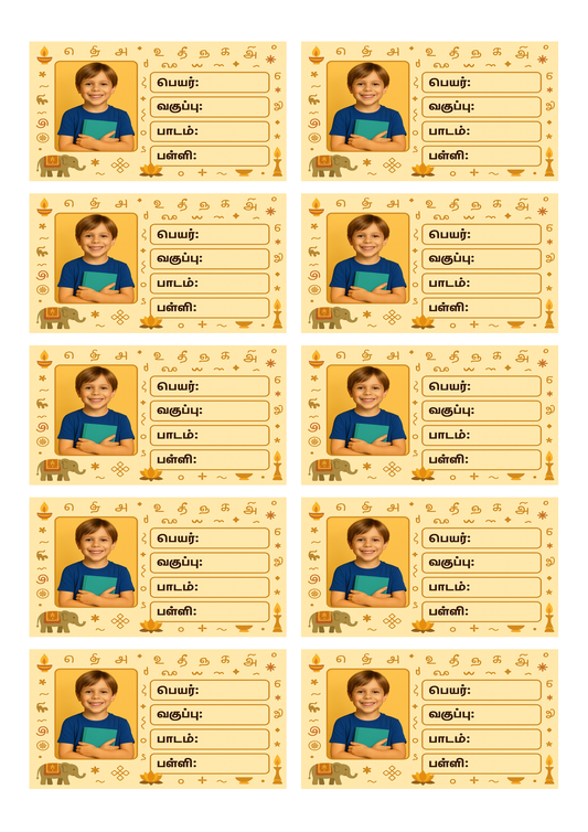 Smeeps Personalized Tamil School Book Label – Custom Photo Name Sticker for Kids | 3.5 x 2 Inch Notebook Labels | Pack of 10