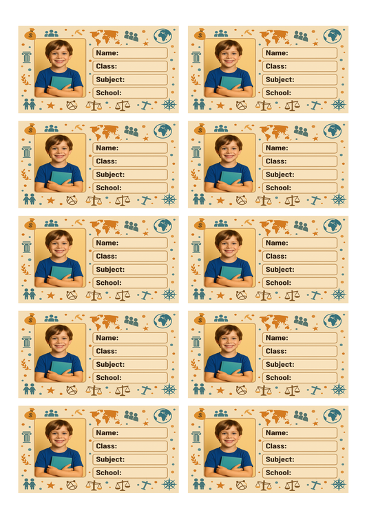 Smeeps Personalized School Book Label – Custom Photo Name Sticker for Kids | 3.5 x 2 Inch Notebook Labels | Pack of 10 | Social Studies Theme