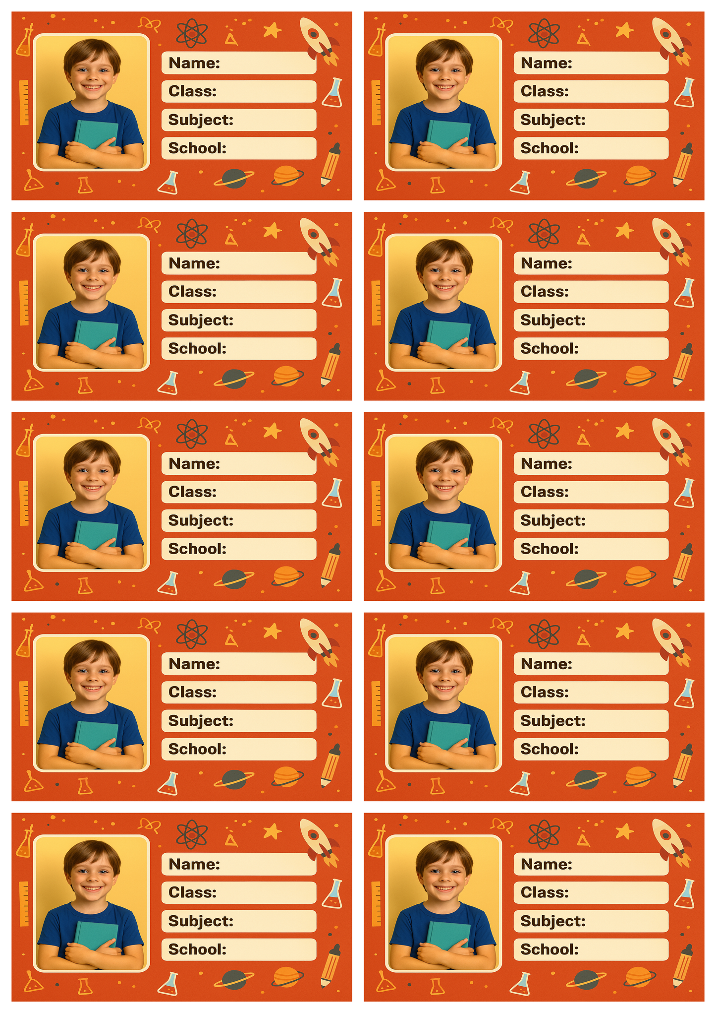 Smeeps Personalized School Book Label – Custom Photo Name Sticker for Kids | 3.5 x 2 Inch Orange Theme Labels | Pack of 10