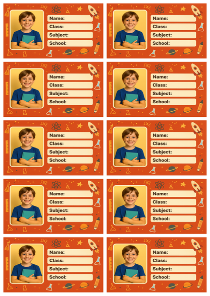 Smeeps Personalized School Book Label – Custom Photo Name Sticker for Kids | 3.5 x 2 Inch Orange Theme Labels | Pack of 10
